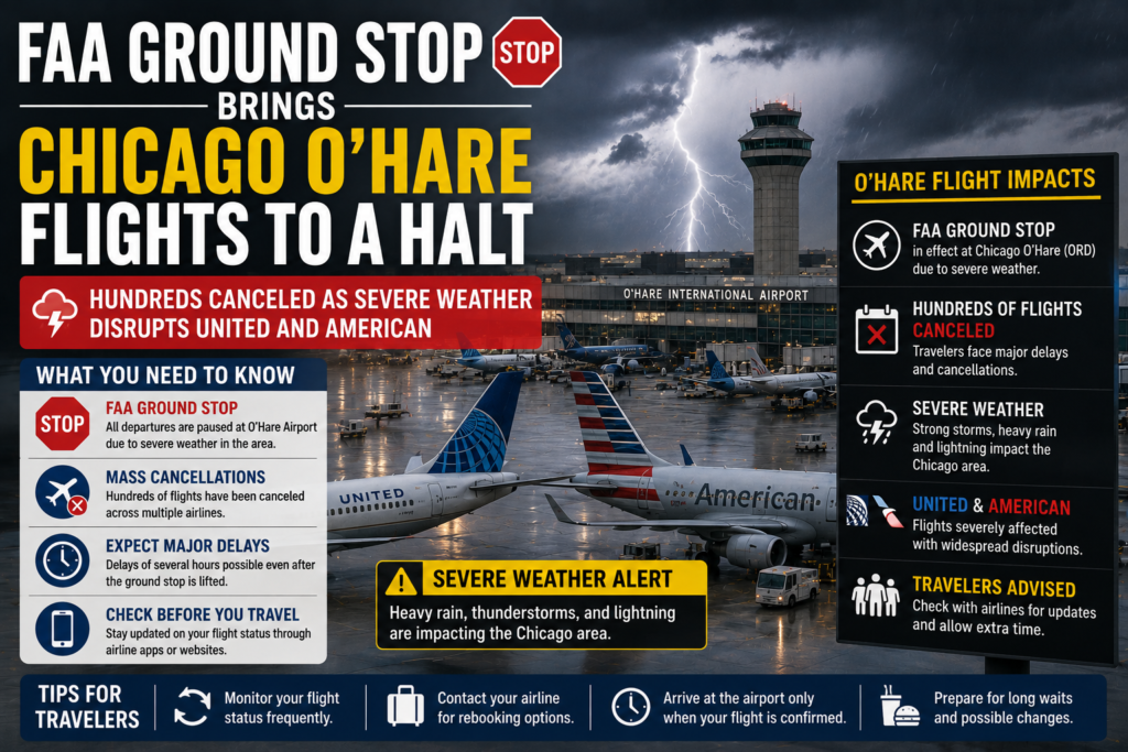 FAA Ground Stop Brings Chicago O’Hare Flights to a Halt: Hundreds Canceled as Severe Weather Disrupts United and American