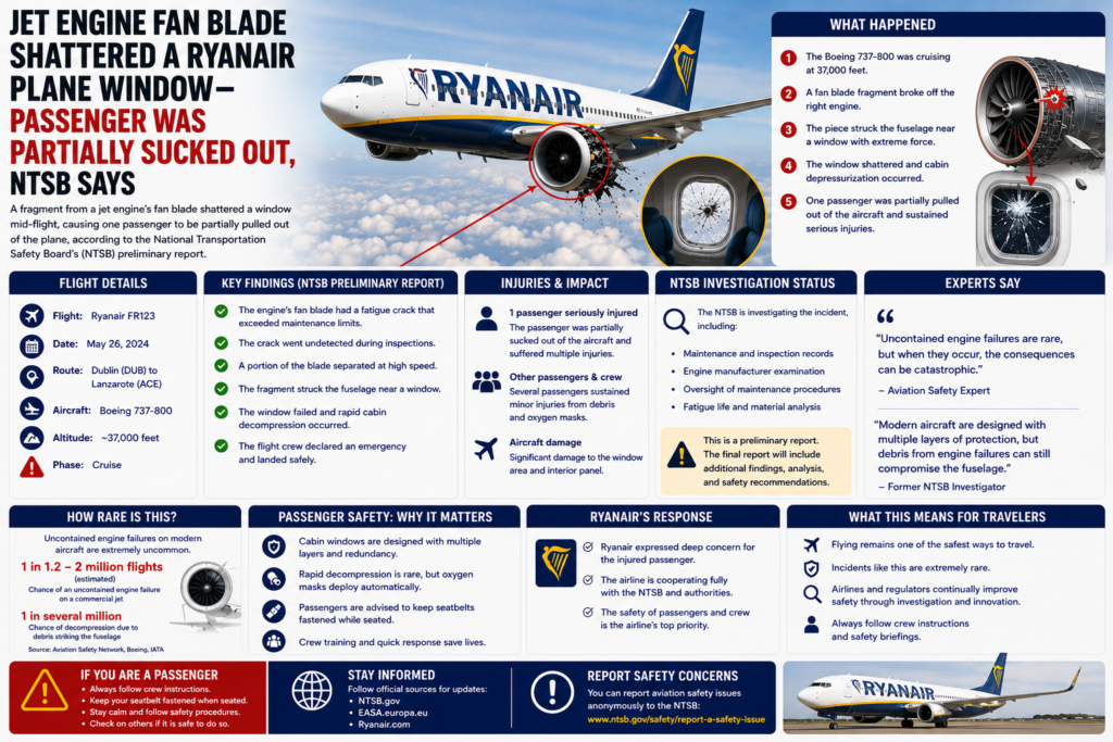 Jet Engine Fan Blade Shattered a Ryanair Plane Window-Passenger Was Partially Sucked Out, NTSB Says