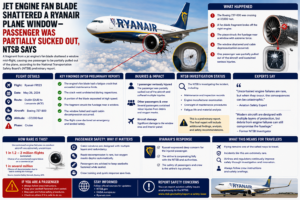 Jet Engine Fan Blade Shattered a Ryanair Plane Window-Passenger Was Partially Sucked Out, NTSB Says