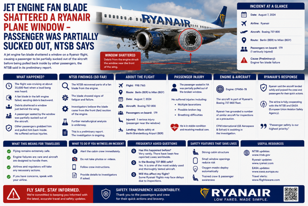 Jet Engine Fan Blade Shattered a Ryanair Plane Window - Passenger Was Partially Sucked Out, NTSB Says