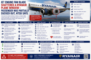 Jet Engine Fan Blade Shattered a Ryanair Plane Window - Passenger Was Partially Sucked Out, NTSB Says