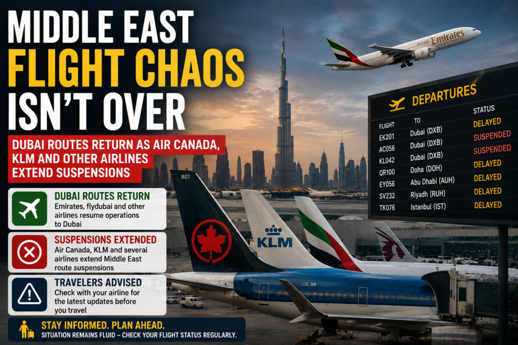 Middle East Flight Chaos Isn’t Over- Dubai Routes Return as Air Canada, KLM and Other Airlines Extend Suspensions