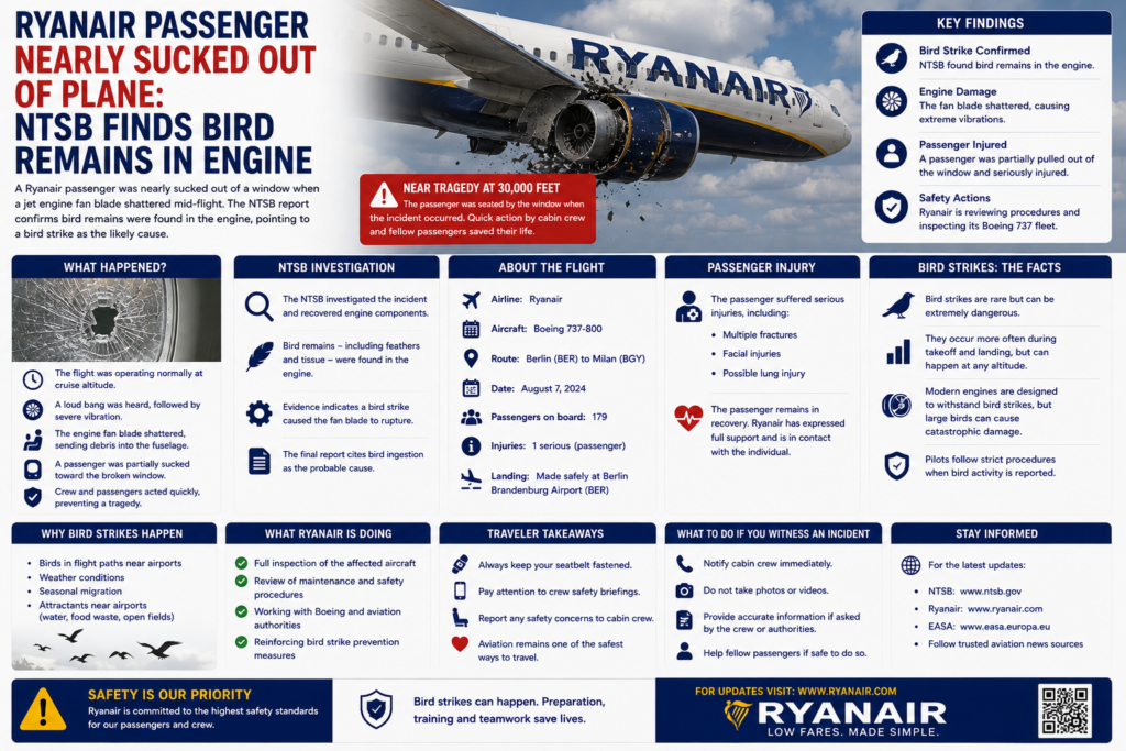 Ryanair Passenger Nearly Sucked Out of Plane NTSB Finds Bird Remains in Engine